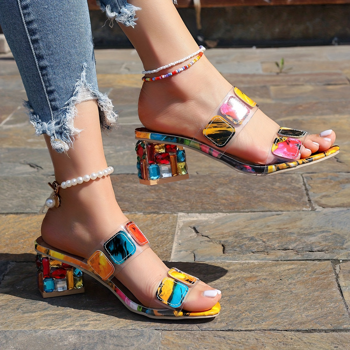 Women's Colorful Mosaic Print Slip On Sandals with Double Ankle Straps and Block Heels for Summer Casual Outings and All Season Wear