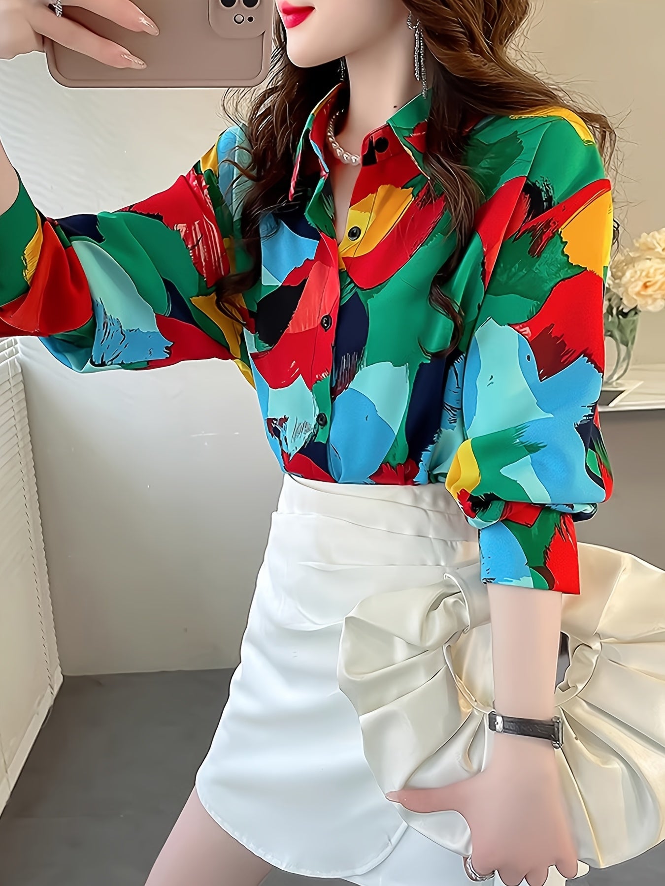 Women's Geometric Print Collar Blouse - Long Sleeve Button-Up Shirt with Vibrant Color Block Design, Fit & Machine Washable for Spring/Fall Casual & Formal Wear, Elegant Fashion Top, Sophisticated Pattern
