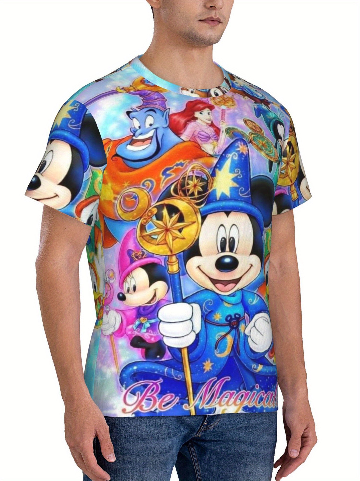 Disney Men's Mickey & Minnie Graphic T-Shirt - 180gsm Breathable Loose Fit Casual Short Sleeve Round Neck Tee with Magical Disney Characters Print, Perfect Gift for Holidays & Birthdays, Birthday Present, Vibrant Print, Light