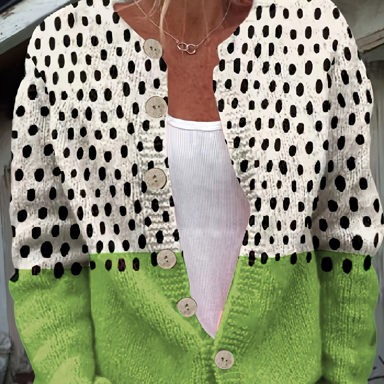 Women'S Stylish Green and White Polka Dot Cardigan - Round Neck, Button-Up Knit Sweater, Layered Design, Long Sleeves, Shiny Finish - Perfect for Casual or Younger Style Attire, Casual Wear|Layered Cardigan|Polyester Fabric