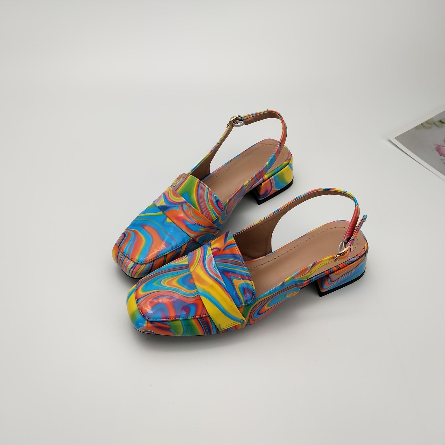 Women'S Stylish Summer Block Heel - Colorful Abstract Print, Square Toe, Mid-Height, Synthetic Upper & Insole, TPU Sole, All-Season Footwear, Fashionable Footwear | Vibrant | Durable Footwear