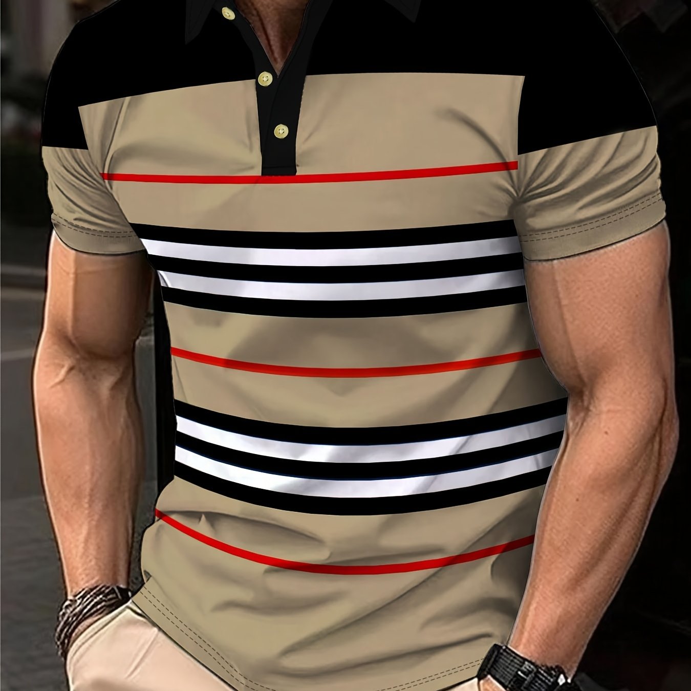 Men's Casual Striped Shirt - Breathable Short Sleeve, Beige/Black/Red/White Stripes, H-Fit for Spring/Summer Outdoor & Leisure Wear, Machine Washable, Smooth Texture Fabric, Classic Collar Design, Durable Summer Wear