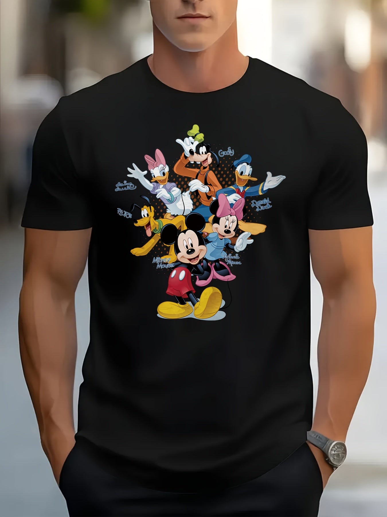 Disney Mickey Mouse & Friends Graphic T-Shirt for Men - 100% Cotton 220gsm Casual Short Sleeve Tee with Vibrant Cartoon Print, Round Neck Regular Fit for Beach Vacations, Family Outings & Birthday Gifts (Disney Fans), Disney