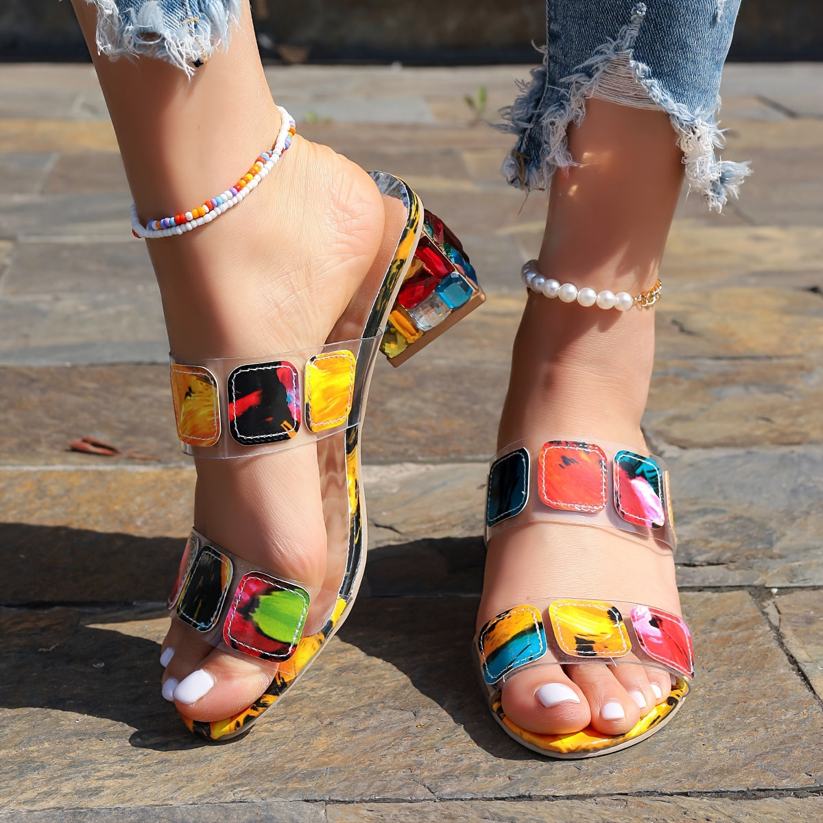 Women's Colorful Mosaic Print Slip On Sandals with Double Ankle Straps and Block Heels for Summer Casual Outings and All Season Wear