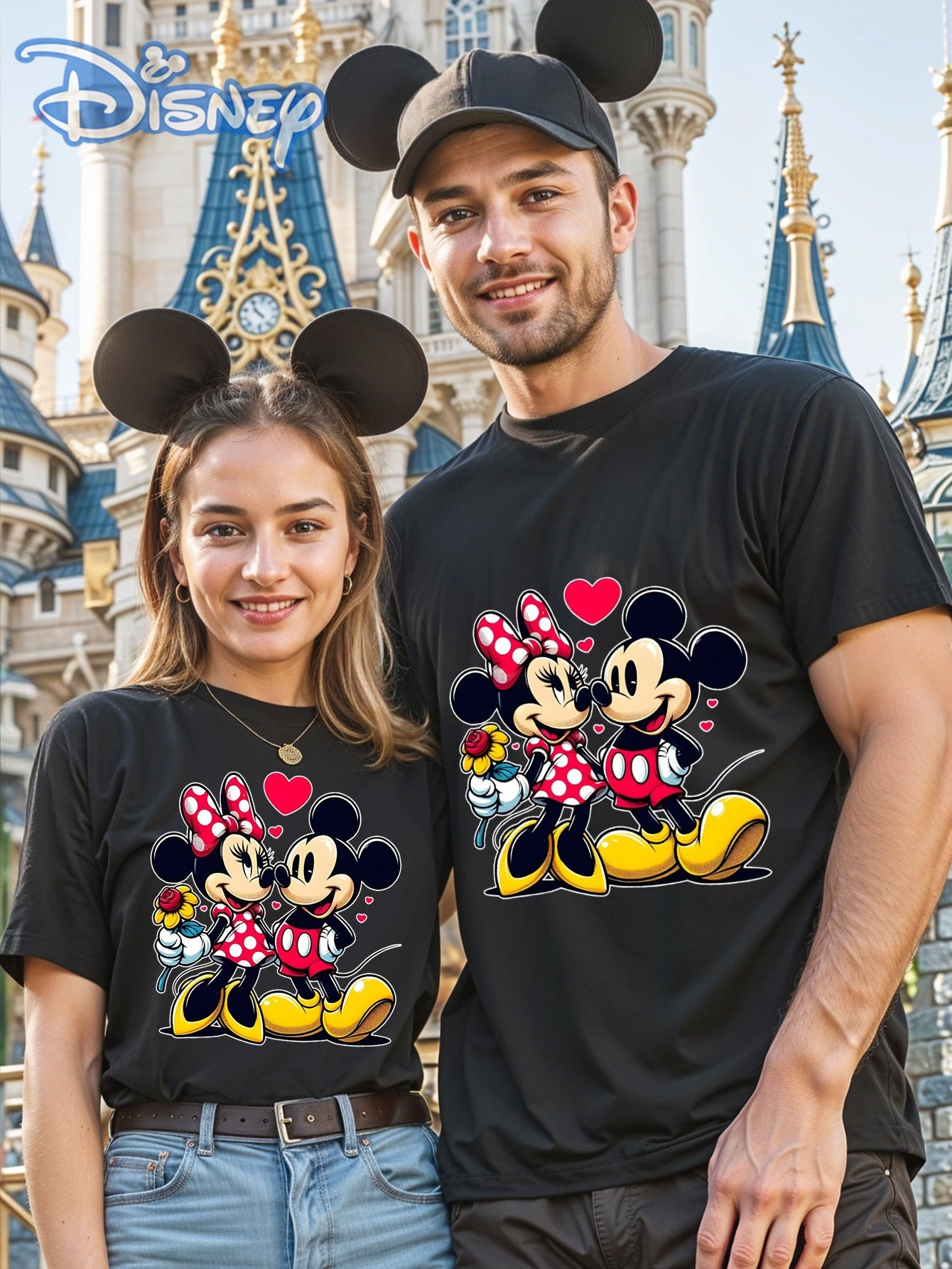 Disney Licensed Minnie & Mickey Mouse Love Print Women's T-Shirt - 100% Cotton Soft Breathable Crew Neck Tee with Heart & Rose Design, Cute Casual Summer Top for Daily Wear & Workouts, Sizes S-XXL, Disney Shirts