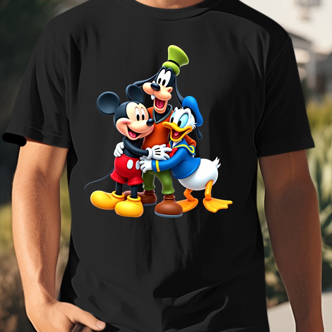 Mickey Goofy Donald Hug All Season 220g Cotton Single Sided Printed Crew Neck Short Sleeve T Shirt