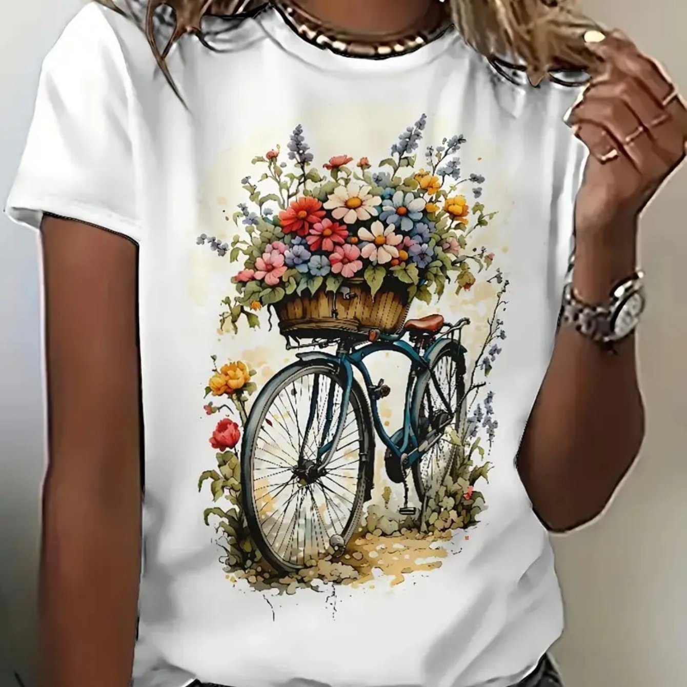 Women's White Cotton T-Shirt with Floral Bicycle Graphic Print