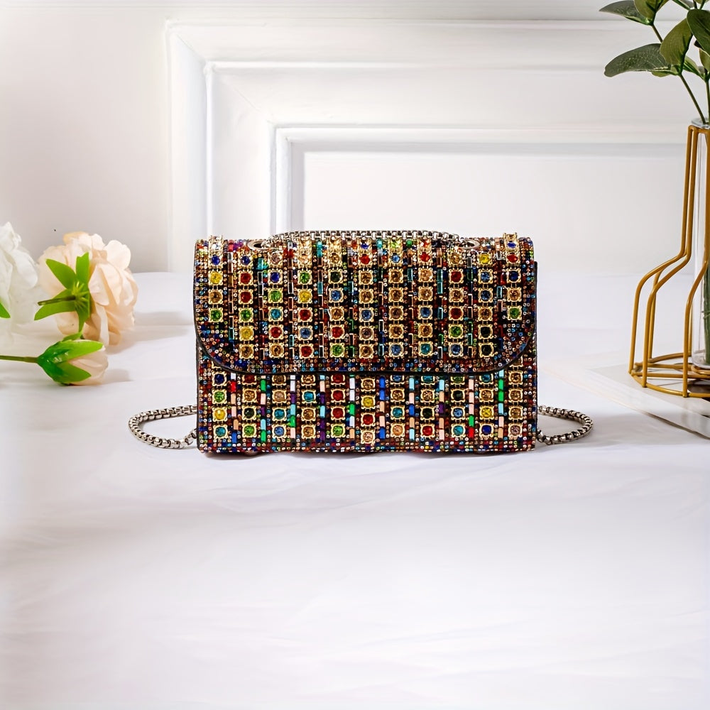 Double-Sided Water Drill Ladies' Evening Clutch - Luxurious Chain, Shiny Handbag Wallet, Stylish Shoulder Bag for Parties, Weddings