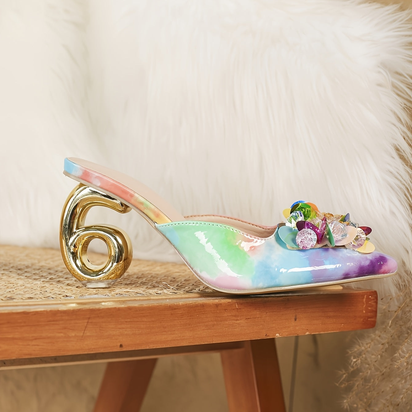 Womens Colorful Crystal Embellished Flatform Heels Geometric Pattern Pointed Toe Slip On Ankle Strap PVC Sole Synthetic Upper Insole Summer Fashion Casual to Formal Wear