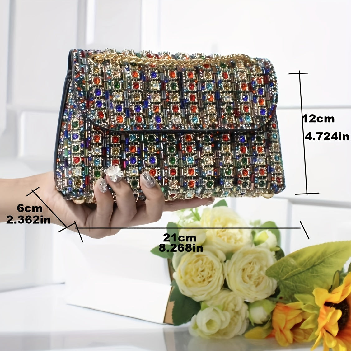 Luxurious Rhinestone and Beaded Women’s Evening Clutch Elegant Multicolor PU Handbag with Adjustable Strap and Golden Tone Hardware for Banquets Weddings and Formal Events