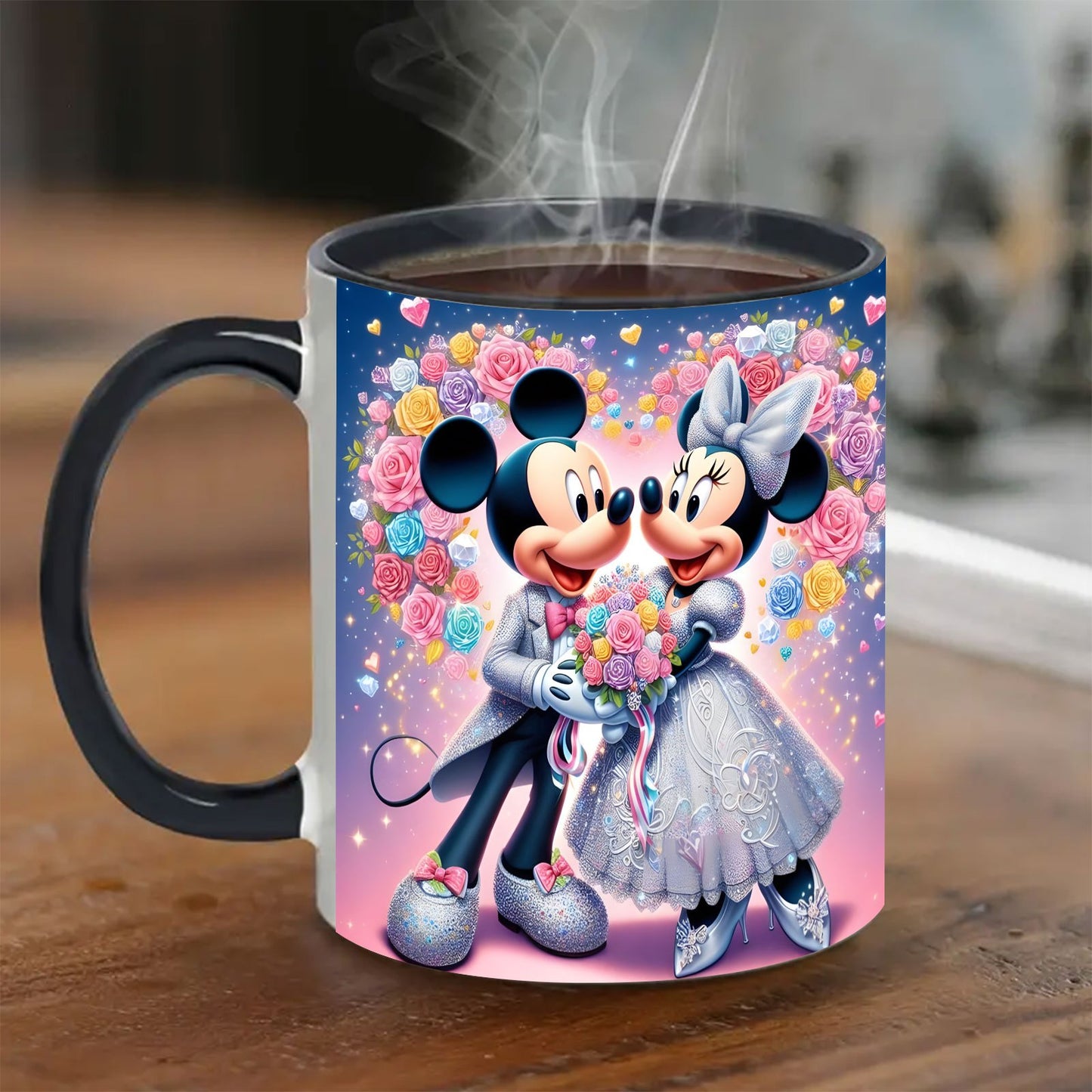 Mickey & Minnie Mouse Wedding Easter 11oz Ceramic Mug - Floral Heart & Stars Design, Versatile for Coffee, Tea, Milk, Home Office Cafe Restaurant, Birthday & Easter Gifts, Durable Ceramic Cup, Cafe Cup | Decorative Cup | Dura