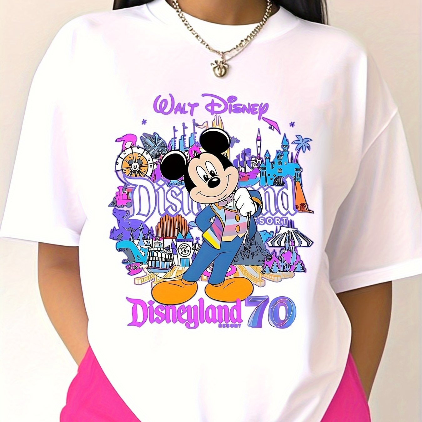 Disneyland 70th Anniversary Women's T-Shirt - Short Sleeve Round Neck Casual Top with Vibrant Disney Characters & Playful Graphic Design, Machine Washable Comfort Fit, Black & White, Holiday Gift for Family & Friends, Disney
