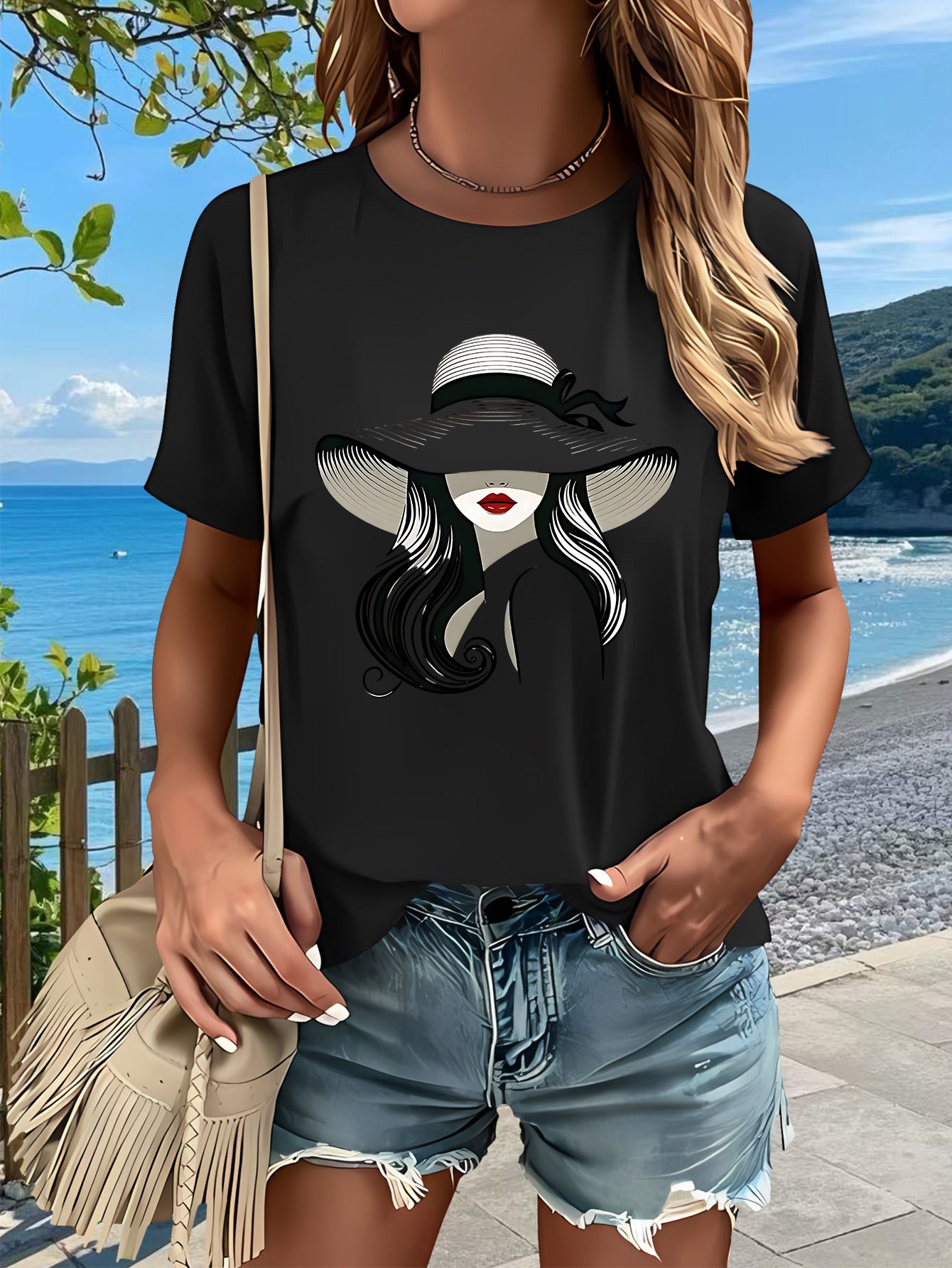 Hat Lady Gift 1pc New Women'S Summer T-Shirt, Printed, Short Sleeved Top, White, Red, Black, Green, Pink, Gray, Apricot, for Home, Outdoor, Party, Sports, Work, Vacation