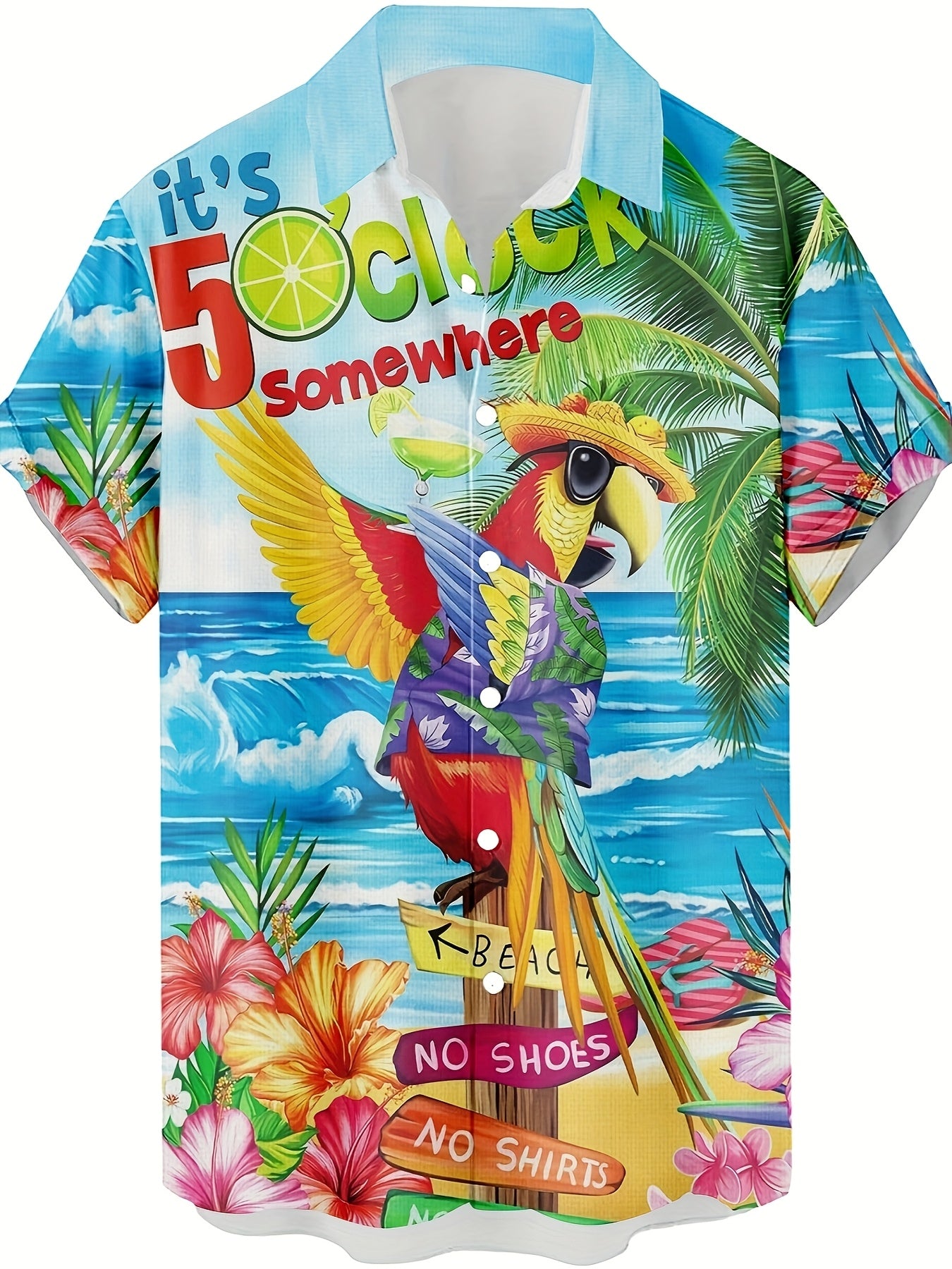 Men's Vibrant Tropical Parrot 3D Print Hawaiian Shirt - Short Sleeve Button-Up with Palm Tree & Ocean Design, Breathable Summer Beachwear for Teens & Young Adults, Casual Streetwear, Street Style Apparel, Playful Graphic Tee