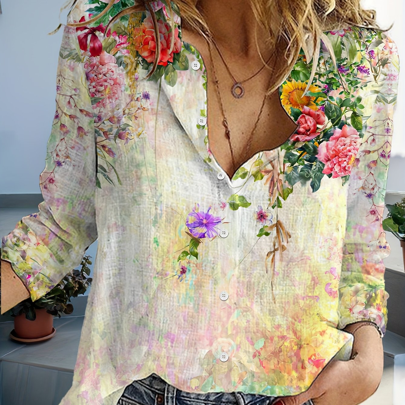Women'S Floral Print Long Sleeve Button-Up Shirt - Vibrant Tie-Front Design, Casual Spring/Fall Fashion, Lightweight Polyester, Multiple Colors Available, Floral Print Blous