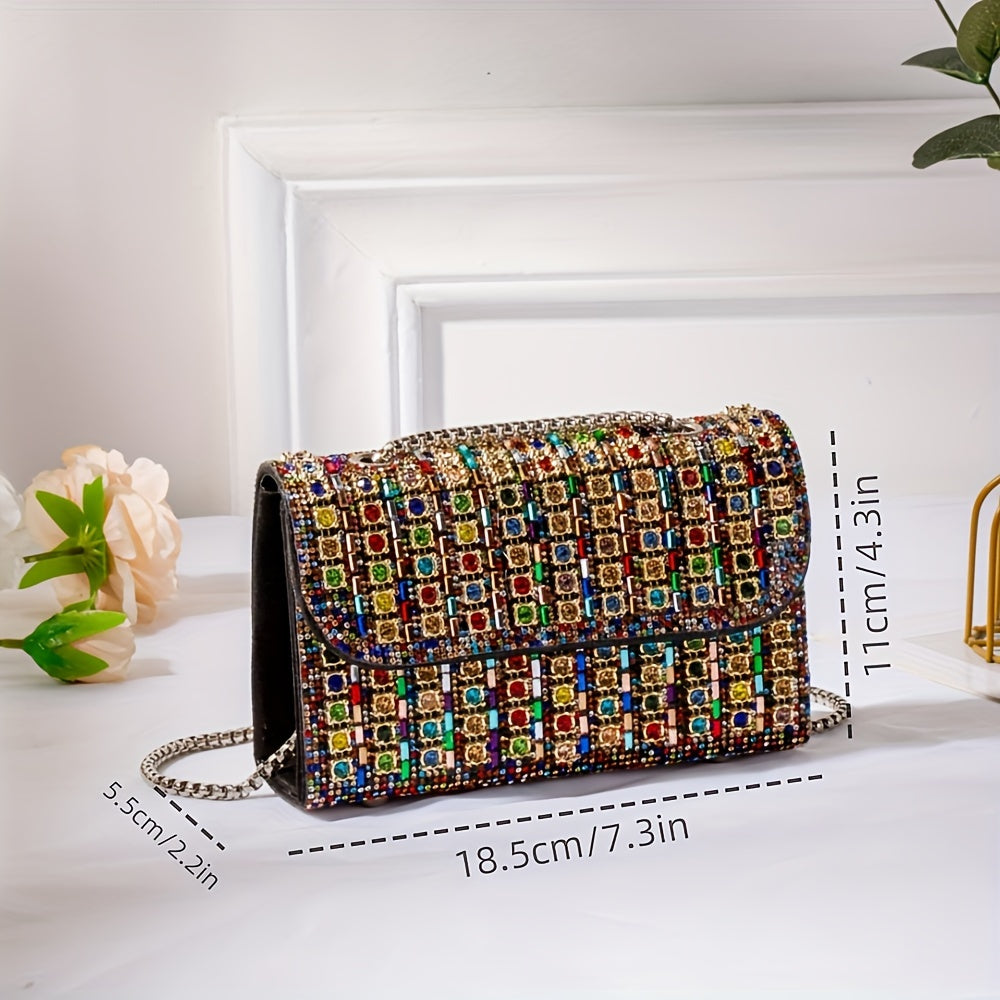 Double-Sided Water Drill Ladies' Evening Clutch - Luxurious Chain, Shiny Handbag Wallet, Stylish Shoulder Bag for Parties, Weddings