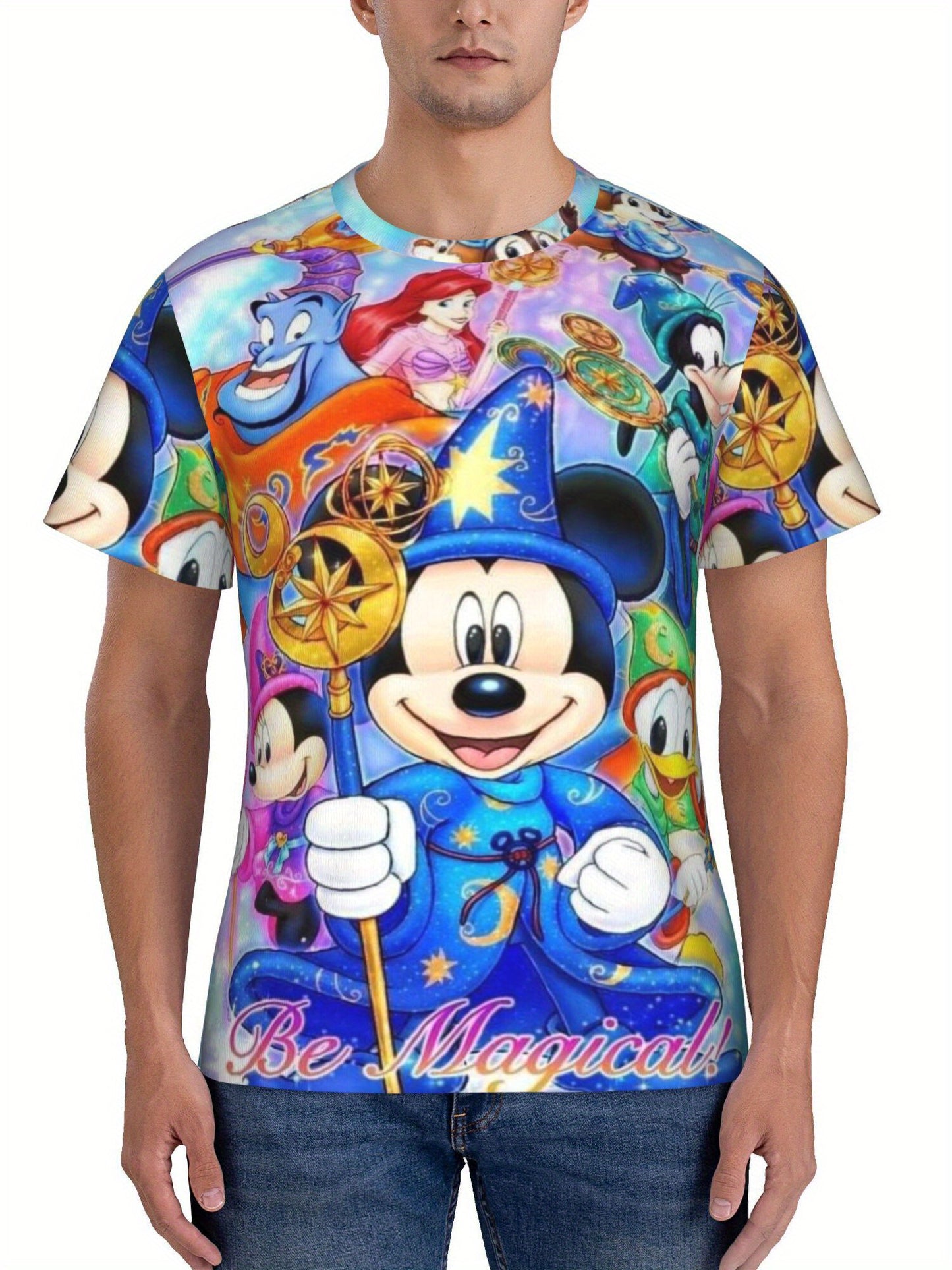Disney Men's Mickey & Minnie Graphic T-Shirt - 180gsm Breathable Loose Fit Casual Short Sleeve Round Neck Tee with Magical Disney Characters Print, Perfect Gift for Holidays & Birthdays, Birthday Present, Vibrant Print, Light