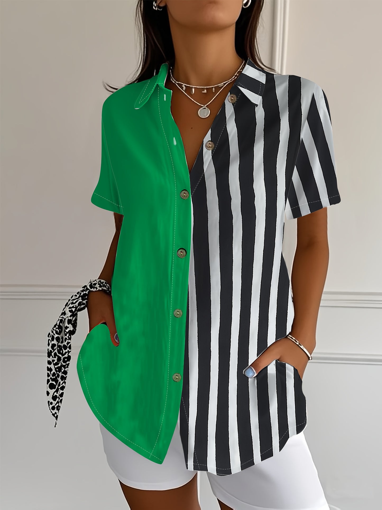 Women's Retro Casual Short Sleeve Shirt - Contrast Color Abstract Geometric Art Print, Wood Grain Buttons, Loose Fit Long Length, Breathable Summer Top for Vacation & Casual Attire, Short Sleeve Blouse