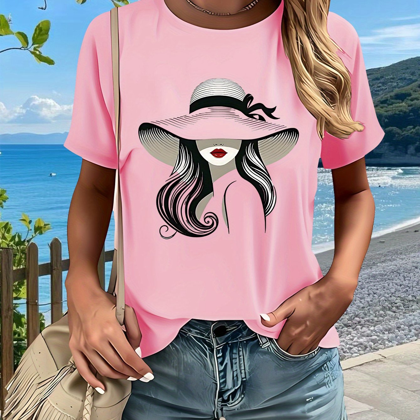 Hat Lady Gift 1pc New Women'S Summer T-Shirt, Printed, Short Sleeved Top, White, Red, Black, Green, Pink, Gray, Apricot, for Home, Outdoor, Party, Sports, Work, Vacation