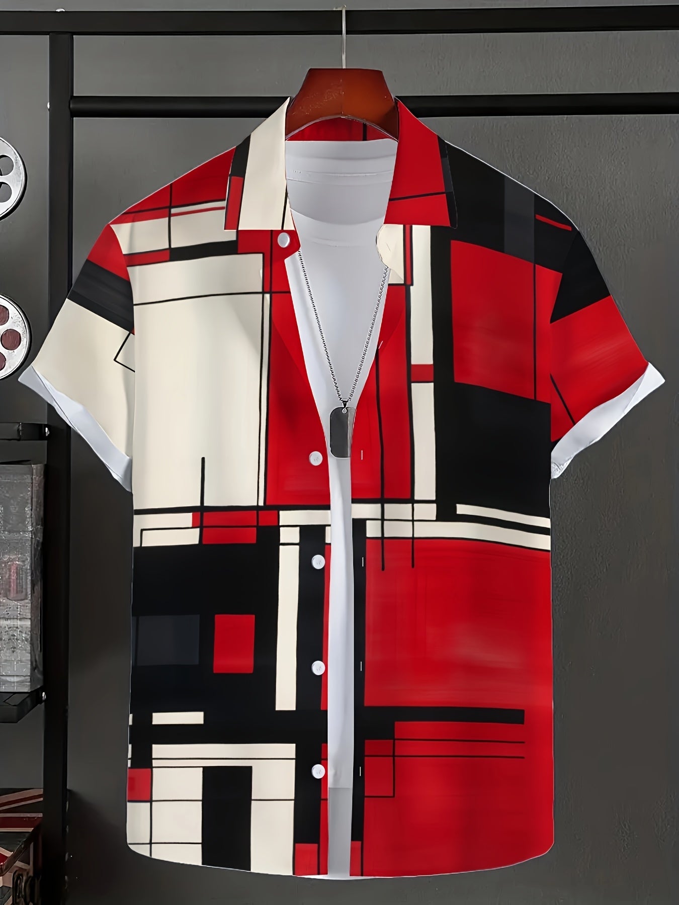 Men's Casual Short-Sleeve Shirt | Multi-Color Geometric Print | Polyester, Non-Stretch Fabric | Machine Washable | Summer Fashion with Turn- Collar & Button Details | Ideal for Daily Wear, Short Sleeve Tops