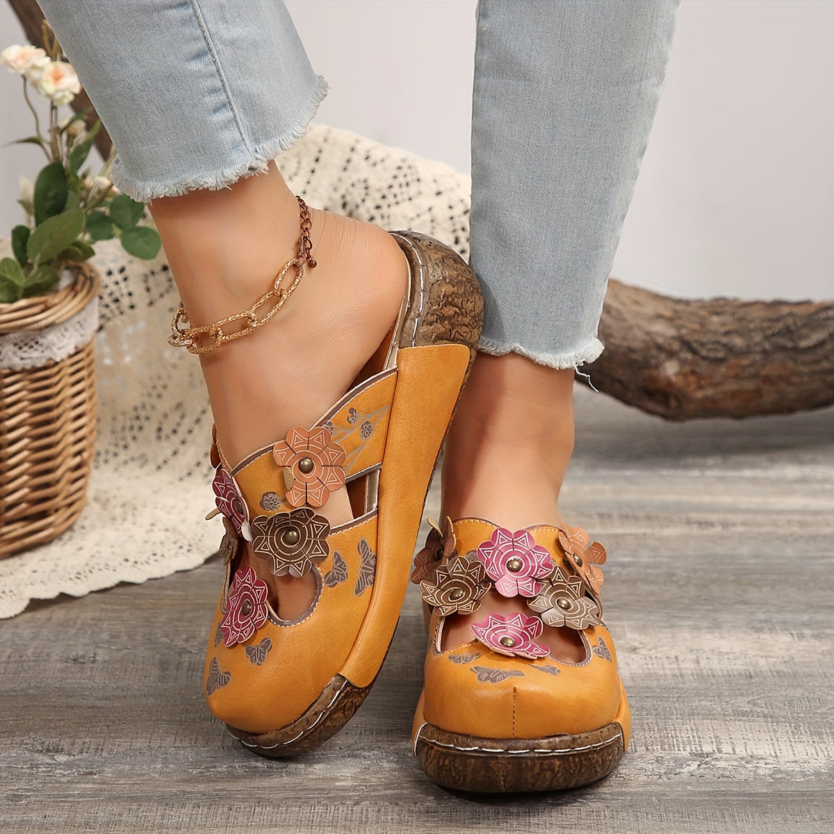 Women's Slip-On Platform Sandals - Ethnic Floral sandals with Cushioned PU Sole, Closed-Toe for Beach, Casual, Formal Events - Green & Pink Floral accents - All-Day Comfort Footbed - Women's Bohemian Footwear, Ladies Shoes An