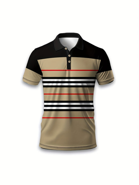 Men's Casual Striped Shirt - Breathable Short Sleeve, Beige/Black/Red/White Stripes, H-Fit for Spring/Summer Outdoor & Leisure Wear, Machine Washable, Smooth Texture Fabric, Classic Collar Design, Durable Summer Wear