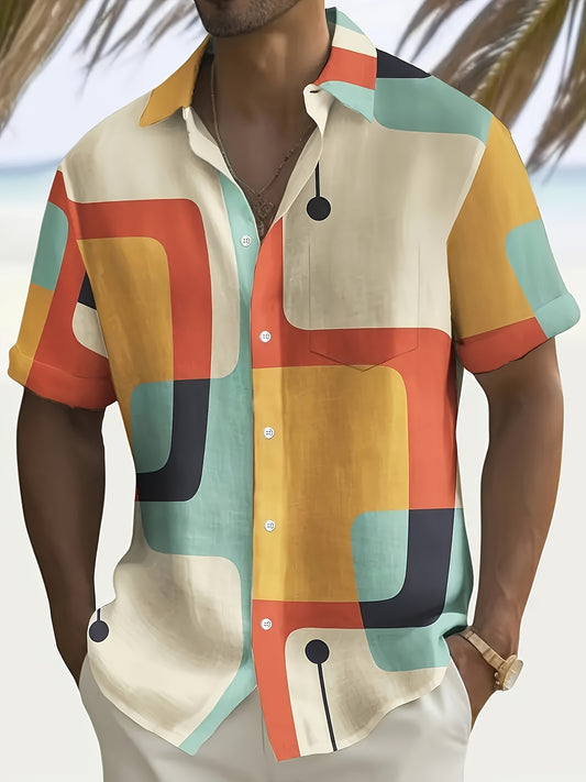 Men's Retro 1950s Geometric Atomic 3D Printed Short Sleeve Shirt 100 Percent Polyester Bright Color Block Design Regular Cut Chest Pocket Summer Casual Wear