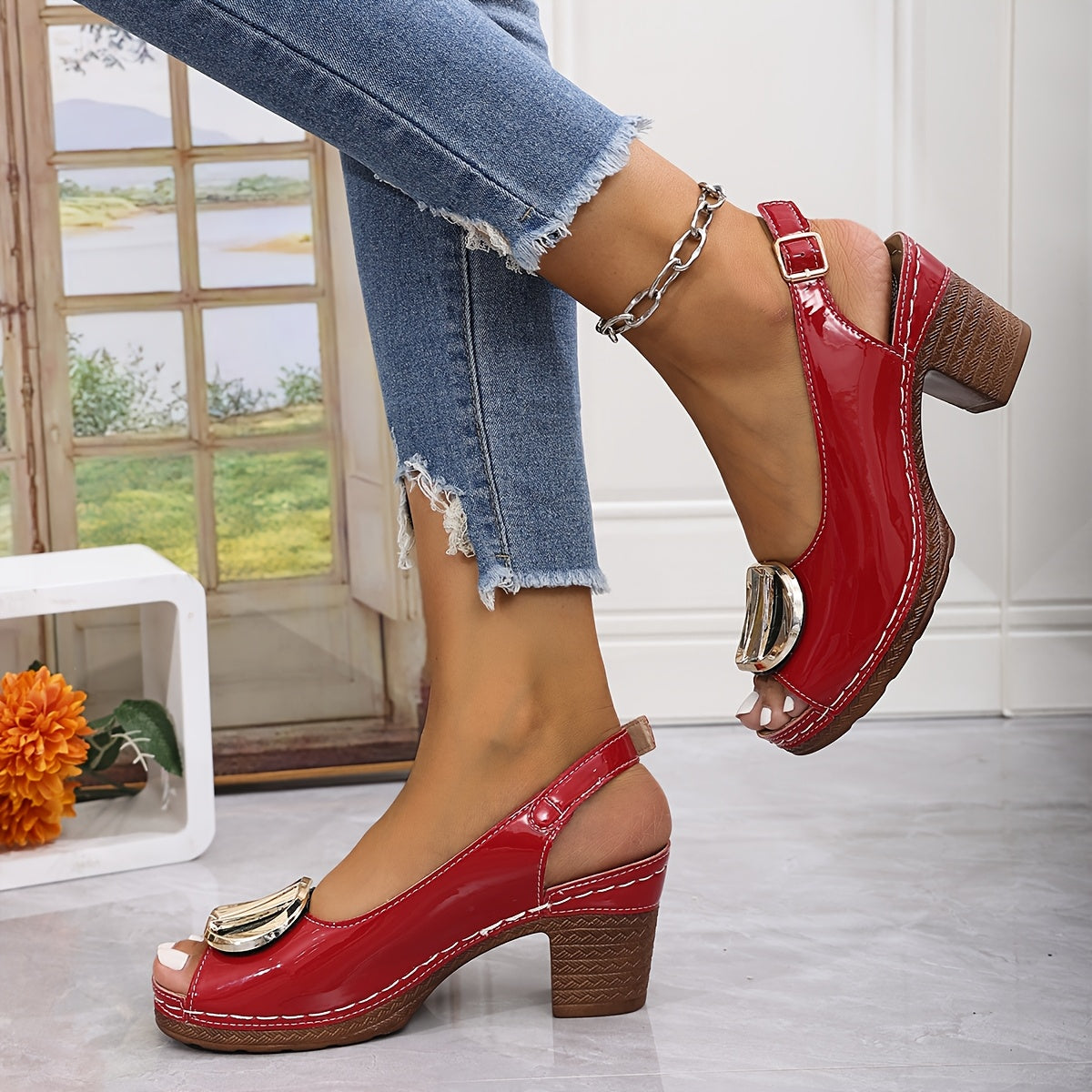 Women's 2024 Summer Fish Mouth Sandals - Chunky High Heel Open Toe with Adjustable Ankle Strap & Buckle Closure, Faux Cover Upper & Rubber Sole, Versatile for Skirts & Casual Outfits, Chunky Heel Sandals, Stylish Footwear