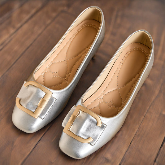 Women's Elegant Square Toe Flats - Summer 2025 Collection, Breathable Faux Cover Slip-On Shoes with Golden Buckle Detail and Soft Rubber Sole