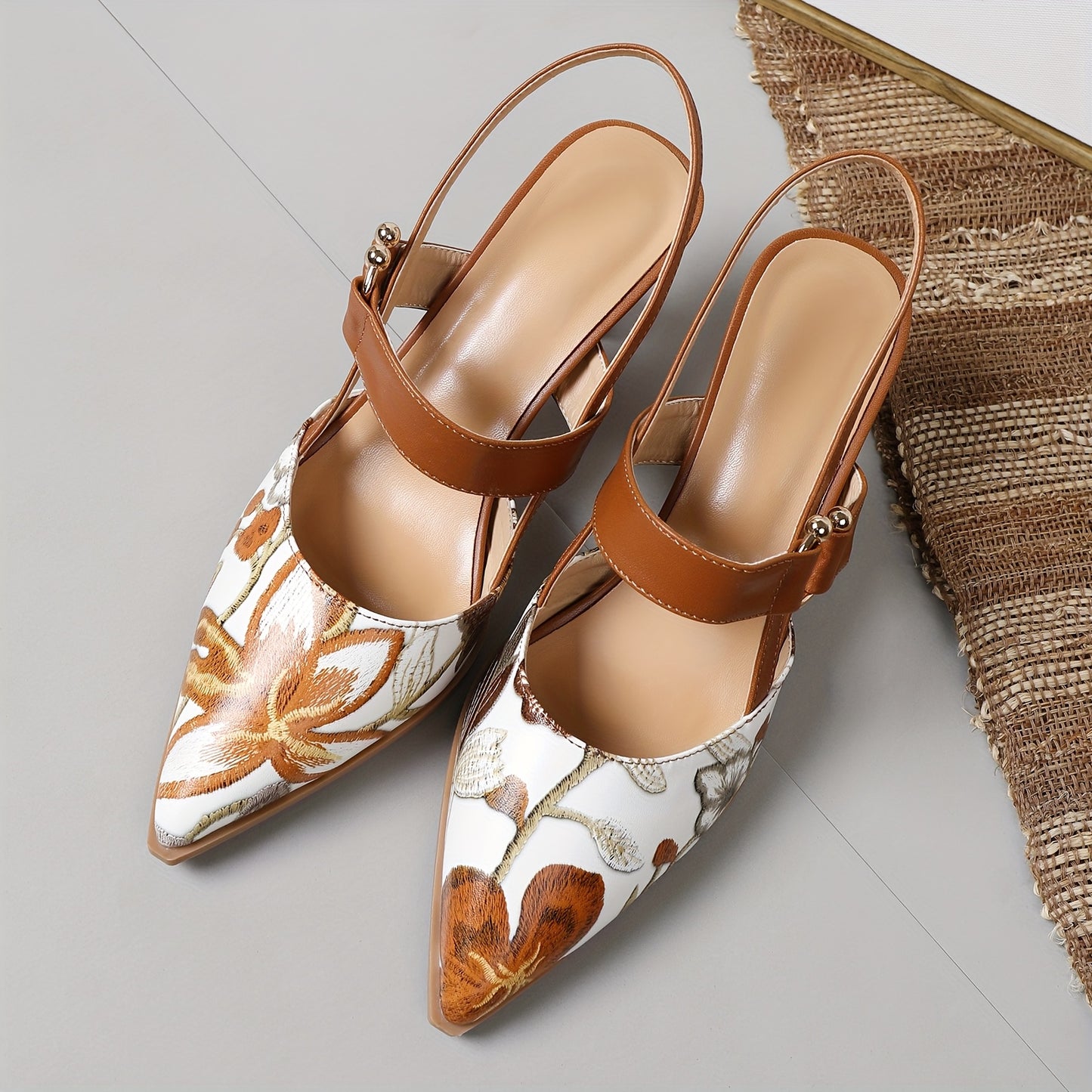 Women's Floral Print Pointed Toe Mid Heel Pumps Breathable Synthetic Cover Comfortable Block Heel TPU Sole Spring Summer Versatile Elegant Dress Shoes Semiformal Footwear Sophisticated Style Durable Footwear