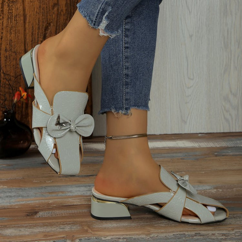 Women'S Summer Butterfly Open-Toe Slide Sandals - Low Heel, Solid Color, Rubber Sole, Faux Cover Upper, Bow Detail, Comfortable & Stylish for Casual Wear, Strappy Sandals