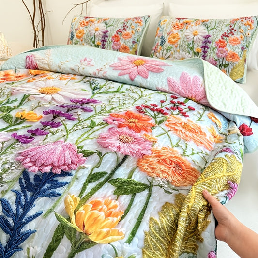 Colorful Flowers And Plants Quilted Quilt Set With Pillowcases Soft Breathable Hypoallergenic Machine Washable Bed Cover For Twin Queen King Size