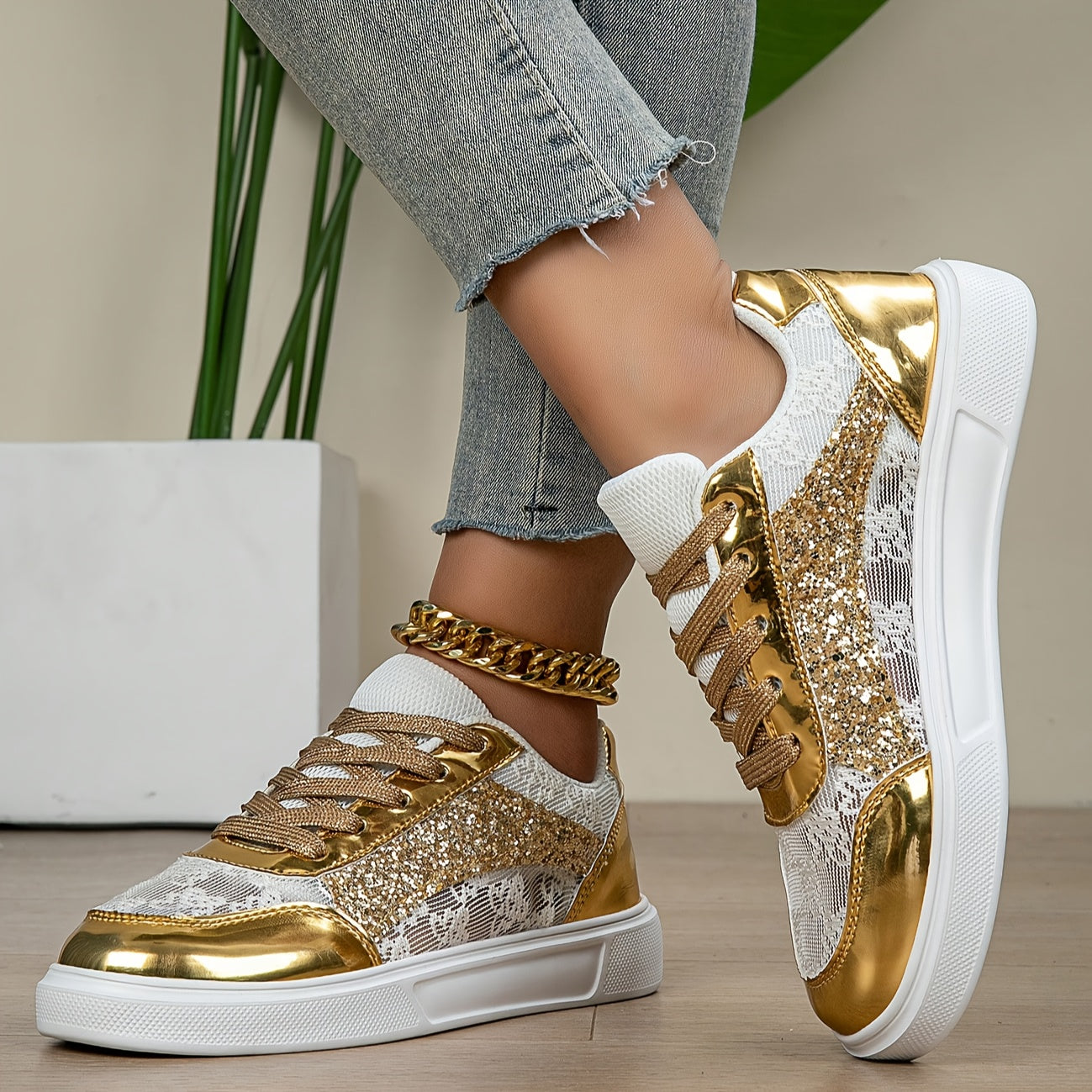 [Rhinestone Sneakers] Golden-Tone Rhinestone Women's Low-Top Sneakers | Breathable Fabric Lining, EVA Sole, Adjustable Ankle Strap | Plus Size Available, Metallic Eyelets Design, Stylish Sportswear for Summer Outdoor Training