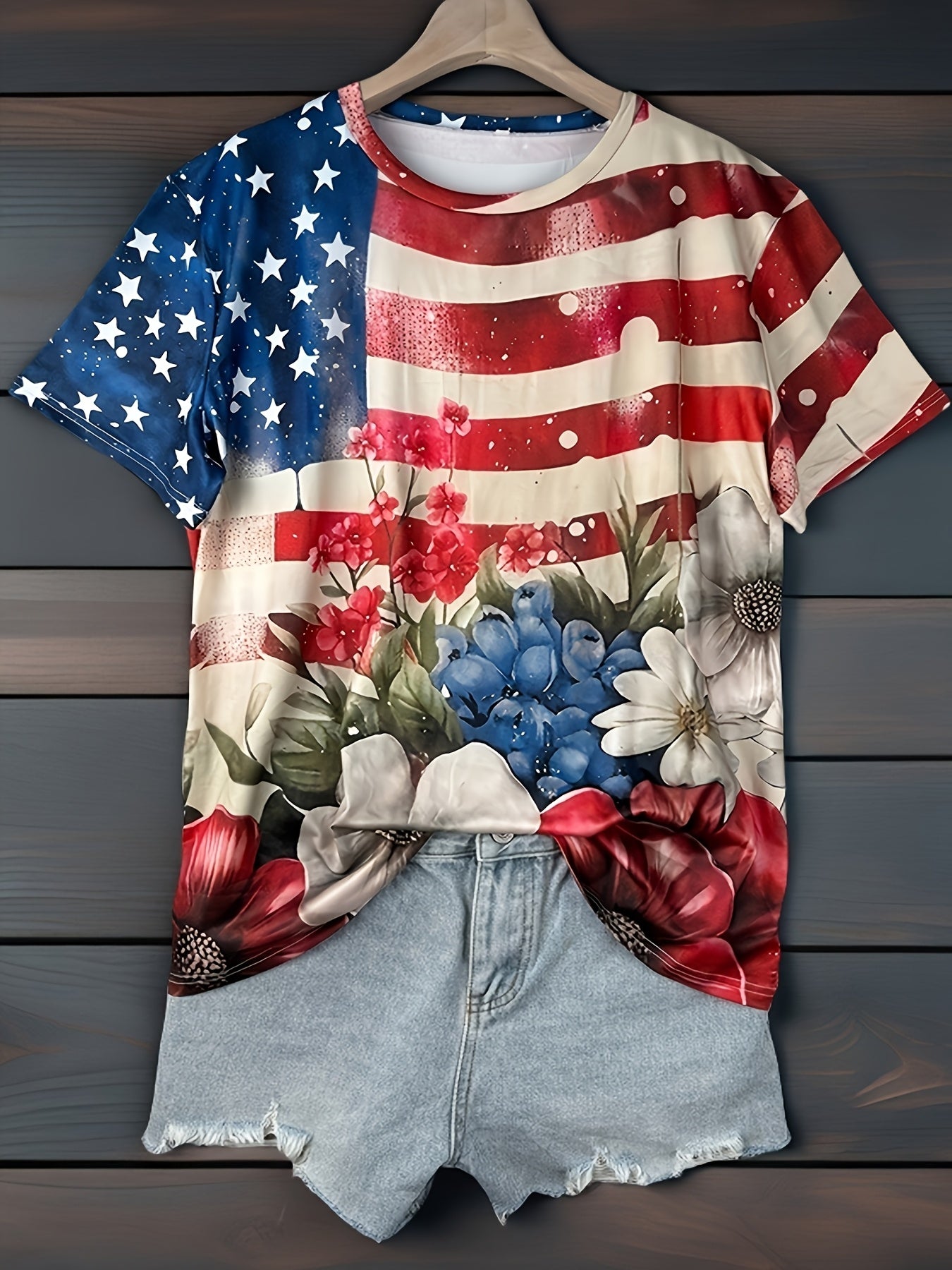 Plus Size, Women's Patriotic Floral T-Shirt - American Flag Stars & Stripes with Red/Blue Floral Accents - Crew Neck Casual Top - Stretchy Polyester/Elastane Blend - Lightweight Non-Transparent Shirt for Independence Day, Eve