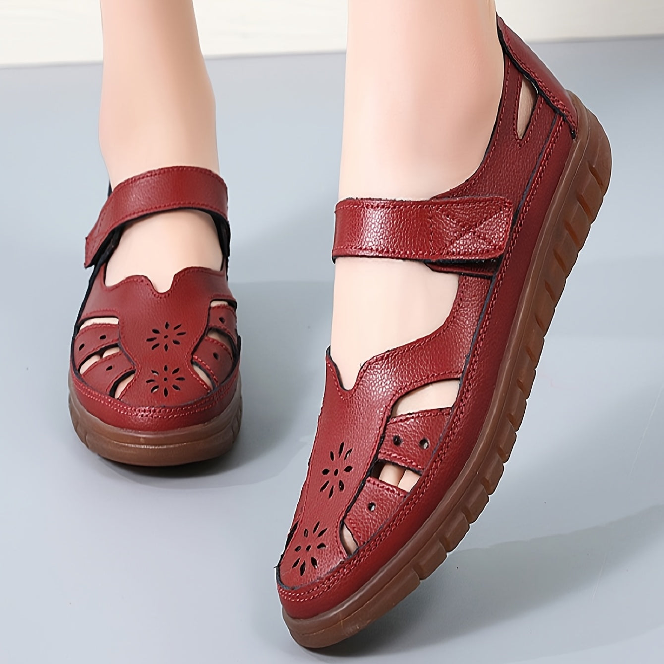 Women's Genuine Leather Mary Jane Flat Sandals - Adjustable Straps, Breathable Summer Casual Shoes with Rubber Sole, Round Toe & Solid Color Design, Everyday Comfort Footwear, Classic Bucket Style, Durable Traction Footwear