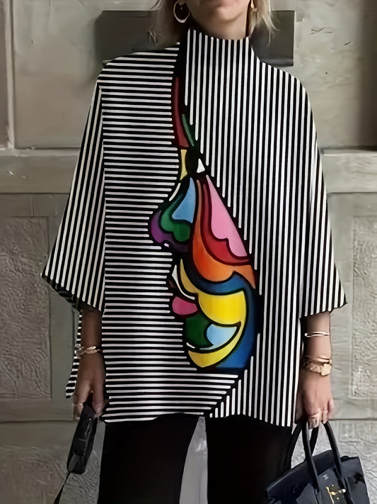 Summer Semi-High Neck Personality Print Striped Casual Commuter Versatile Long-Sleeve Women's Plus-Size T-Shirt Top