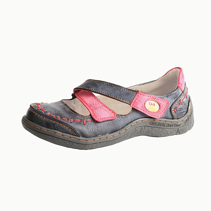 [Soft Leather Sandals] TMA EYES Soft Leather Women's Casual Slip-On Flat Sandals | Blue & Yellow Cross Design, Comfortable Low-Top, Padded Insole, Flat Heel, Summer Footwear
