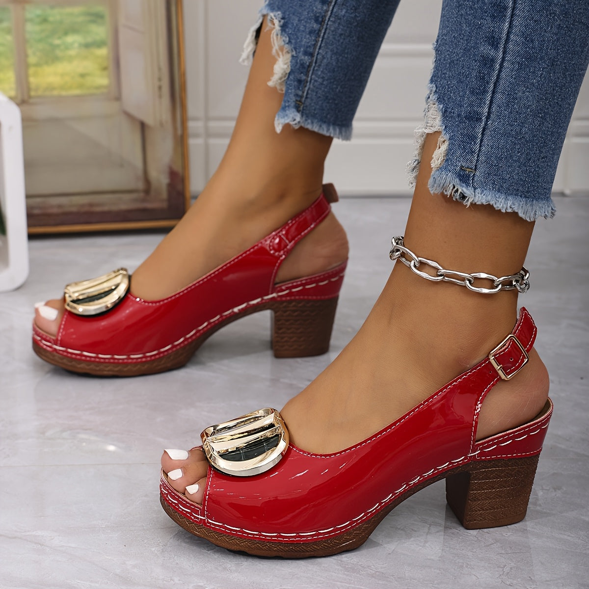 Women's 2024 Summer Fish Mouth Sandals - Chunky High Heel Open Toe with Adjustable Ankle Strap & Buckle Closure, Faux Cover Upper & Rubber Sole, Versatile for Skirts & Casual Outfits, Chunky Heel Sandals, Stylish Footwear