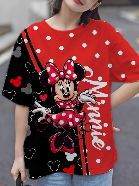 Disney Minnie 3D Pattern Plus Size T-shirt, Minnie 3D Print Short Sleeve Top, Disney Mickey Mouse Plus Size Women'S Clothing
