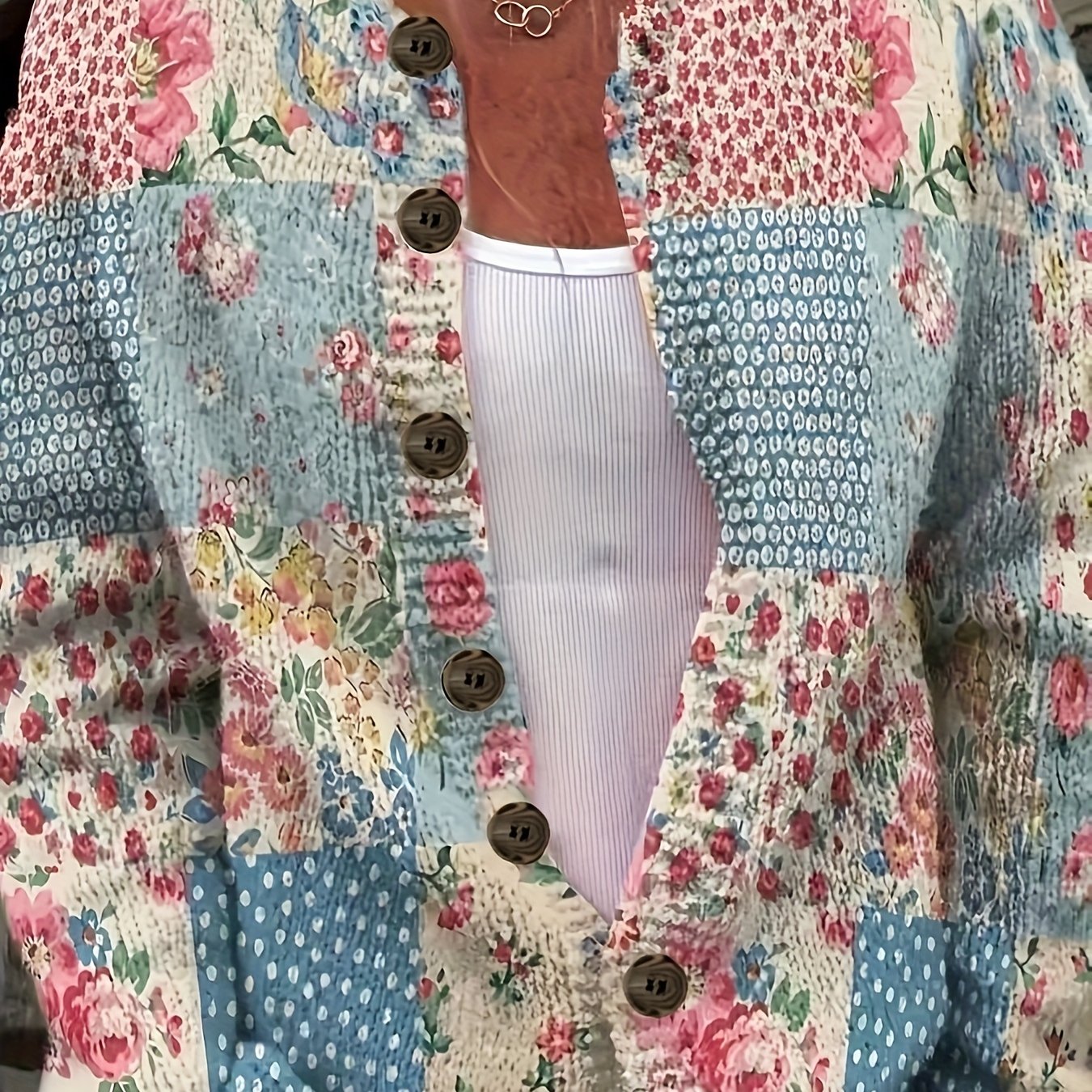 [Plus Size Floral Cardigan] Plus Size Women's Lightweight Floral Print Cardigan | Open Front Sweater with Button Closure, Round Neck Long Sleeve Casual Resort Wear, Non-Stretch Fabric, Hand Wash Only, Autumn Layering Piece