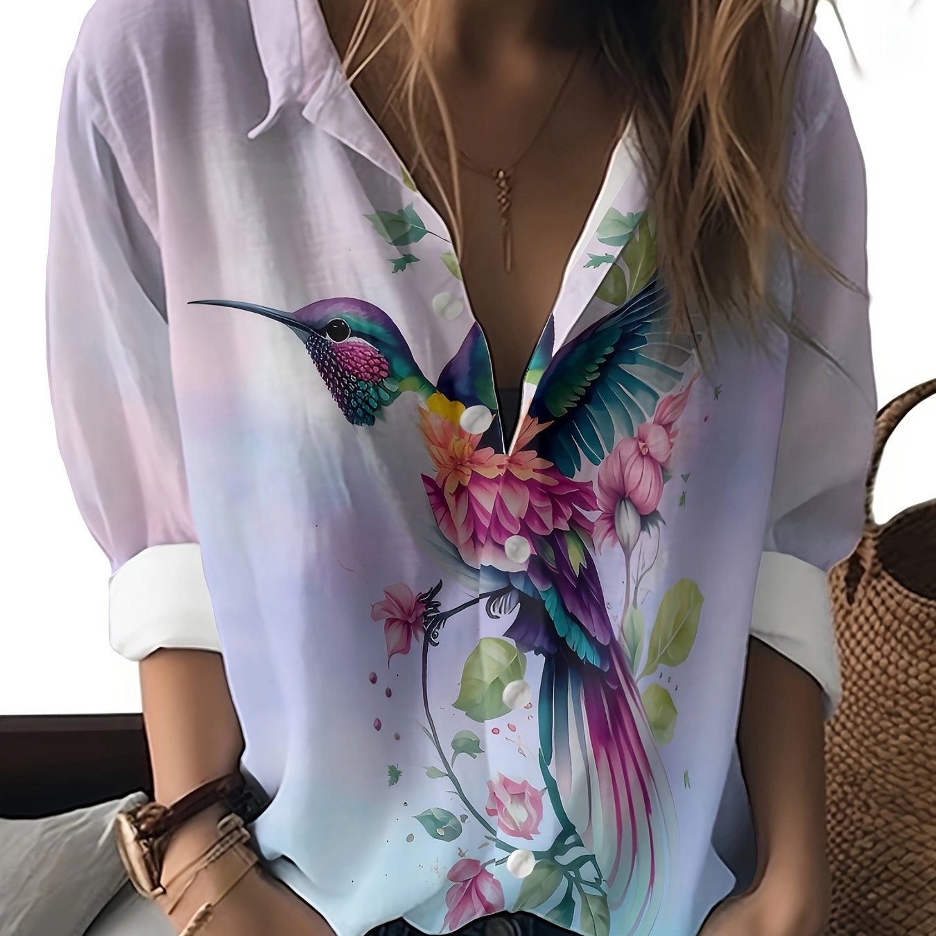 [2024 Spring Women's Shirt] 2024 Spring Summer Lightweight Polyester Women's Long Sleeve Shirt - Hummingbird Floral Print | Casual Collar, Straight Cut for Beach & Daily Casual Wear | Floral Casual Asymmetric Hem Shirt