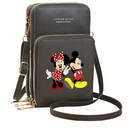 [Mickey Mouse Crossbody Bag] Mickey Mouse & Minnie Mouse 1pc Zippered Crossbody Phone Bag | Black Synthetic, Versatile Use, Polyester Lined, Casual Style, Father's Day & Independence Day Design, Small Crossbody Bag with Coin