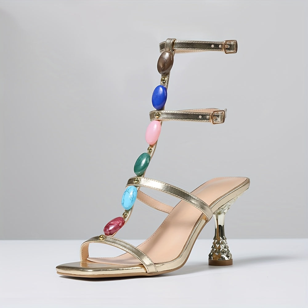 Women's Elegant Bohemian Roma Style Summer Sandals with Kitten Heel Ankle Buckle Strap Colorful Bead Accents Square Open Toe PU Cover for Vacation Graduation Ceremonies Event Footwear