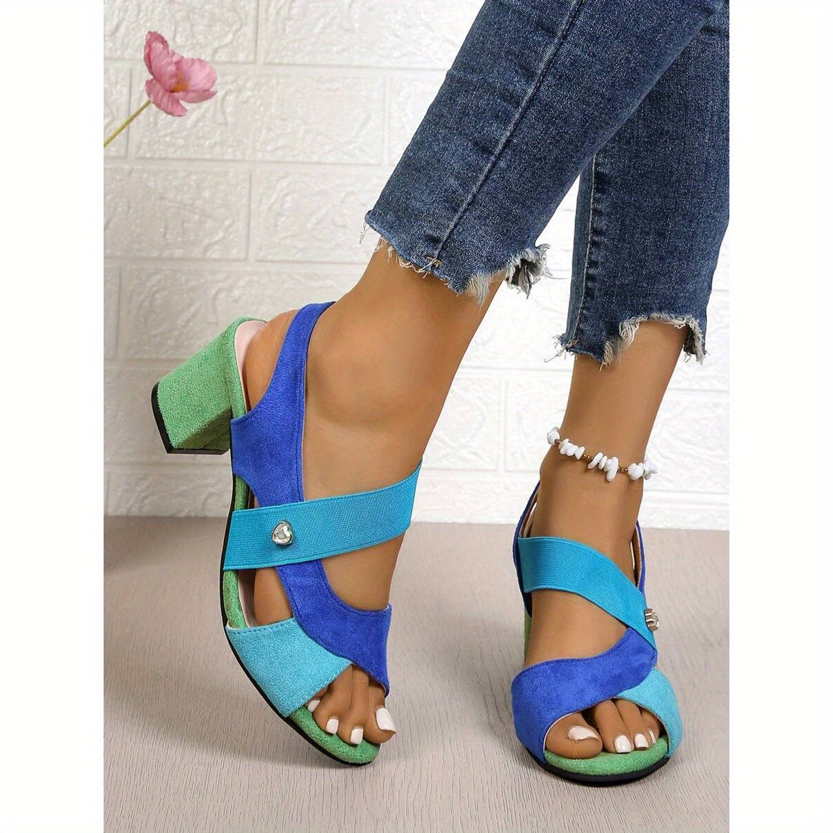 Women's Chunky Heel Sandals with Breathable Corduroy Upper and Ankle Strap Closure Open Toe Mid Heel Design for Beach Weddings Parties and Office Vibrant Blue and Green Striped Spring Summer Shoes
