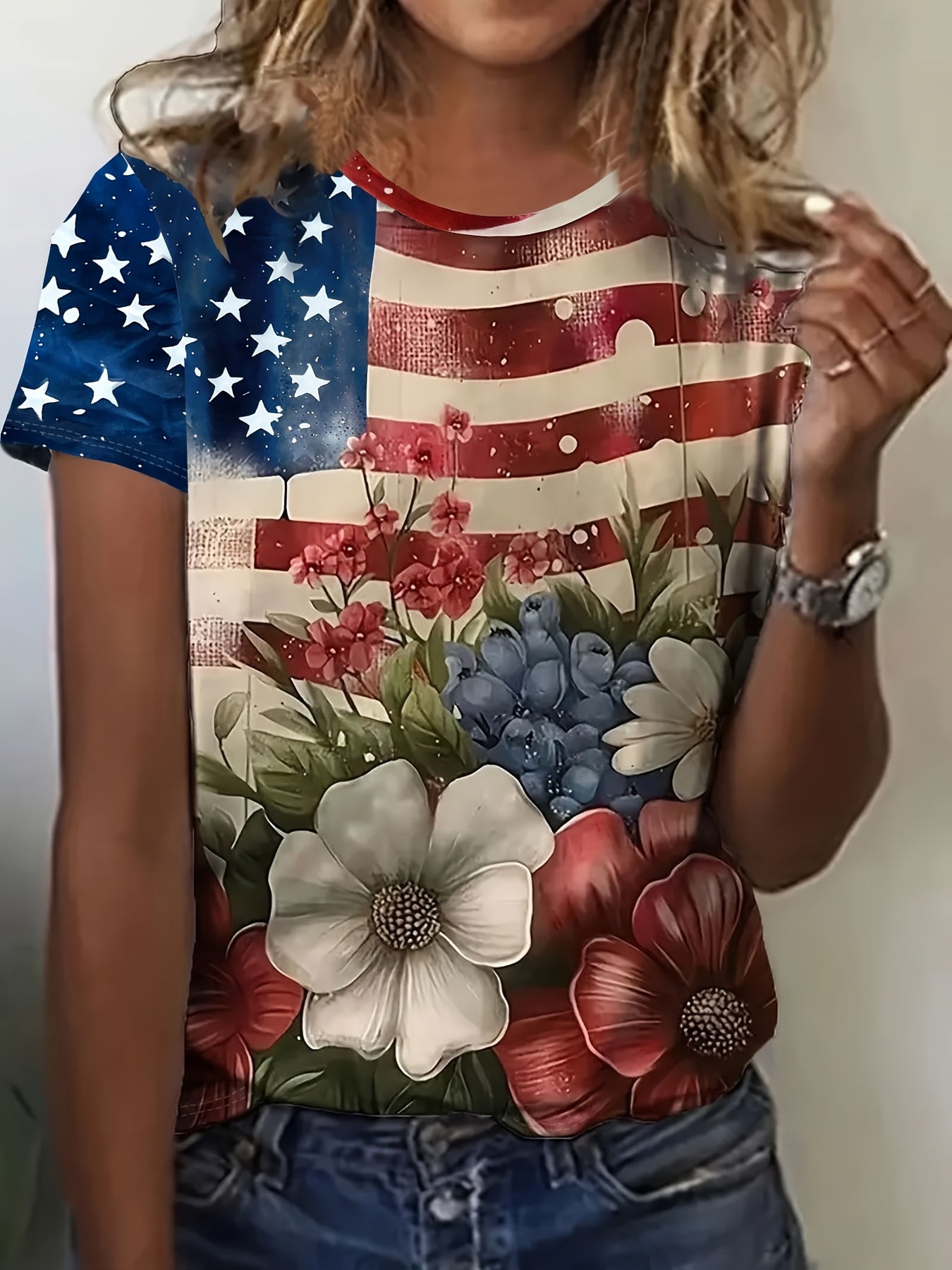Plus Size, Women's Patriotic Floral T-Shirt - American Flag Stars & Stripes with Red/Blue Floral Accents - Crew Neck Casual Top - Stretchy Polyester/Elastane Blend - Lightweight Non-Transparent Shirt for Independence Day, Eve