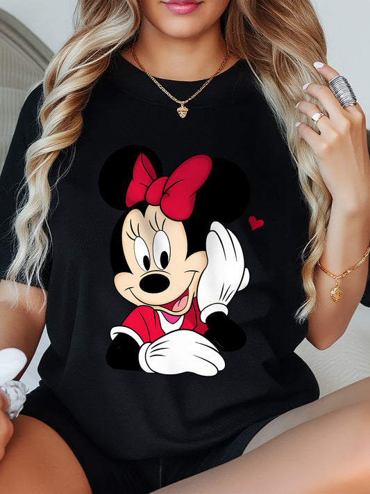 Plus Size - Plus Size Women'S Cartoon Minnie and Mickey Mouse T-Shirt, Casual Crew Neck Short Sleeve Top, Summer Printed Large Women'S Clothing