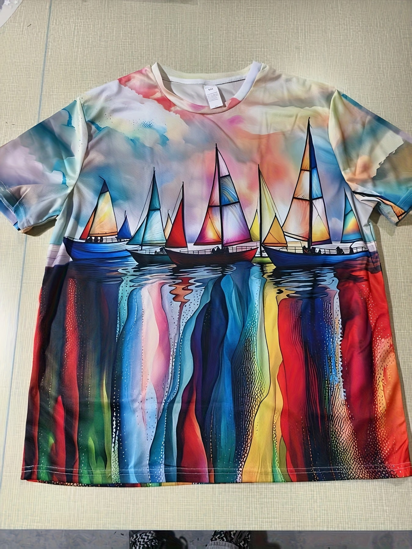 Sailboat Geometric Print Nautical Art Men's Stylish Round Neck Graphic Tee 3D Print Comfort Fit Summer Daily Wear Casual Streetwear Boyfriend Gift