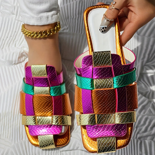 CHICME Women's Color-Block Slip-On Square Toe Sandals - Metallic Golden & Purple Faux Cover Casual Shoes with PU Sole, Flat Comfortable Design for Summer Outings, Ladies Shoes And Sandals, Easy Wear Footwear, Durable Comfort