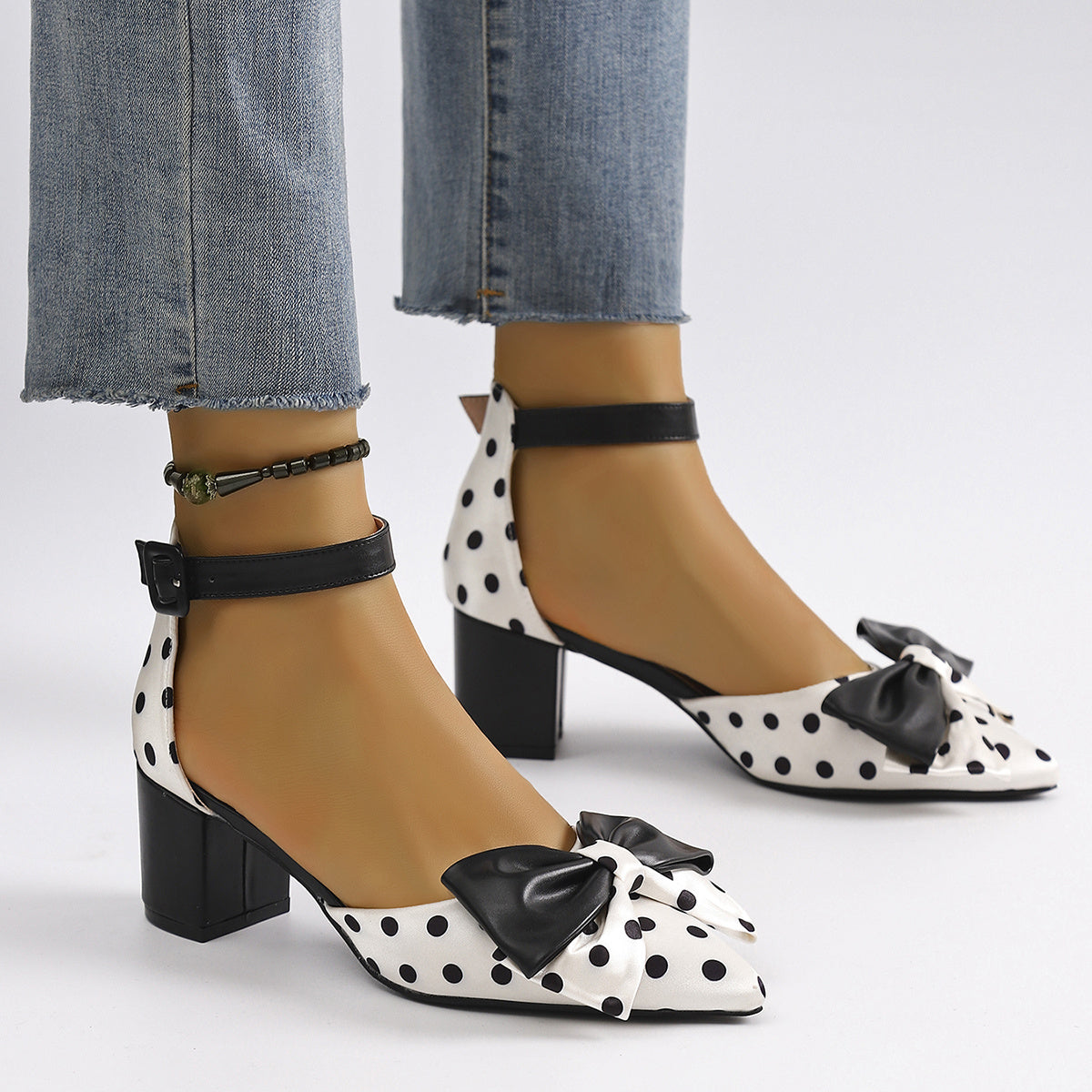 Women's Summer Pointed Toe Mary Jane High Heels with Polka Dot and Black Bow Accents Chunky Heel Breathable Synthetic Cover and TPU Sole Casual or Formal Occasions Stylish Sweet Aesthetic Shoes