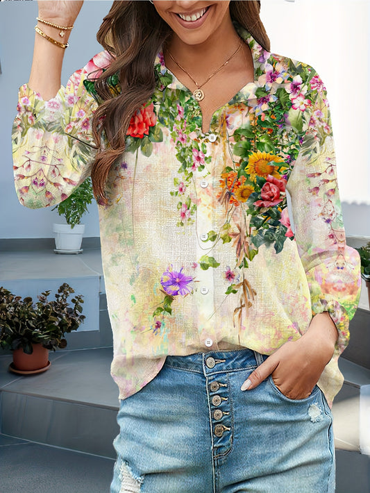 Women'S Floral Print Long Sleeve Button-Up Shirt - Vibrant Tie-Front Design, Casual Spring/Fall Fashion, Lightweight Polyester, Multiple Colors Available, Floral Print Blous